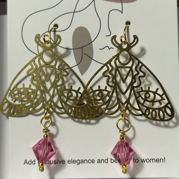 Boho Moth Earrings with Pink Swarovski Crystals - Picture 4 of 8